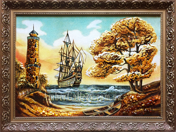 Бурштиновий пейзаж «Корабель біля маяка» №50
