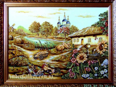Пейзаж із бурштину «Українська хатинка» №41